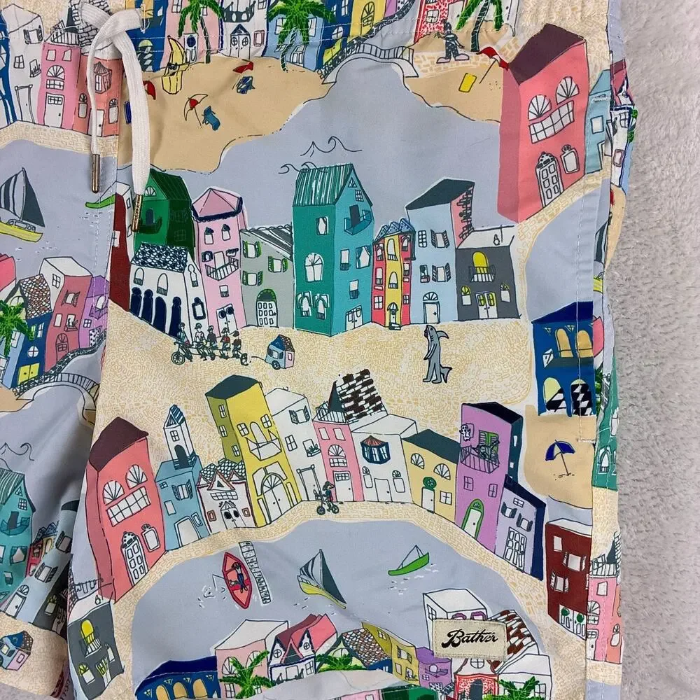 Bather Swim Trunks Mens M (L/XL) Multicolor Beach Scene Drawstring Preppy Summer